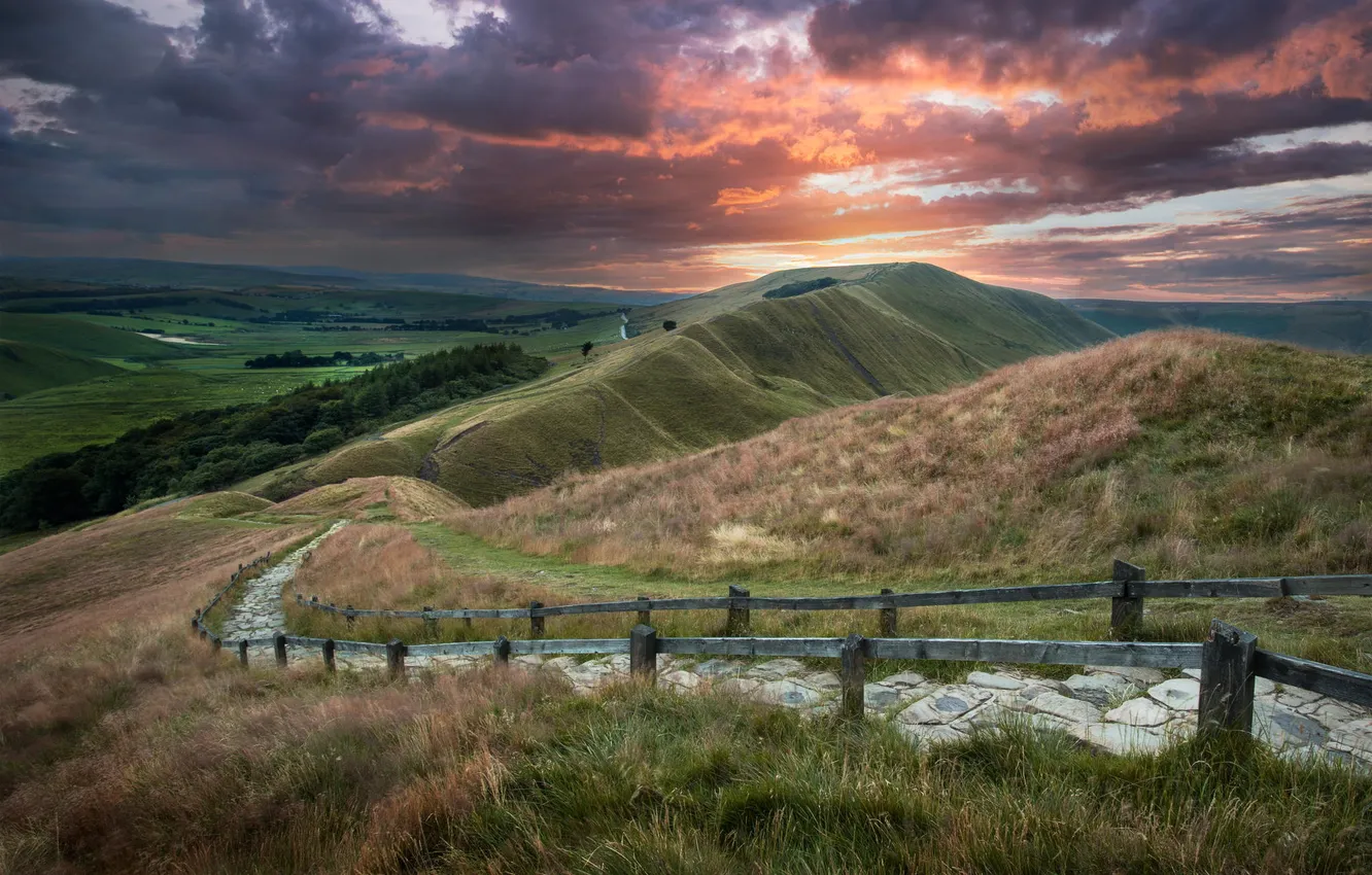 Photo wallpaper road, the sky, mountains, nature, dawn