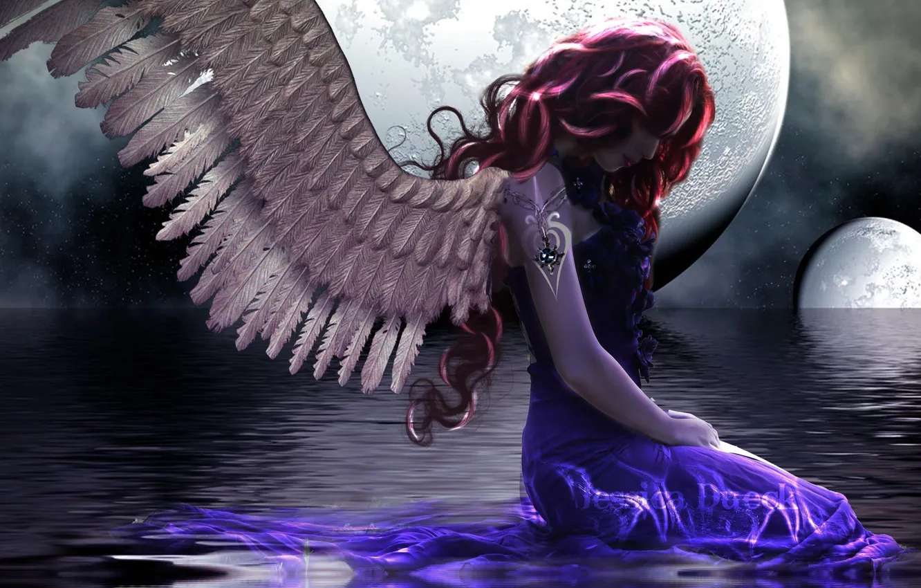 Photo wallpaper girl, stars, night, red, face, reflection, fiction, the moon