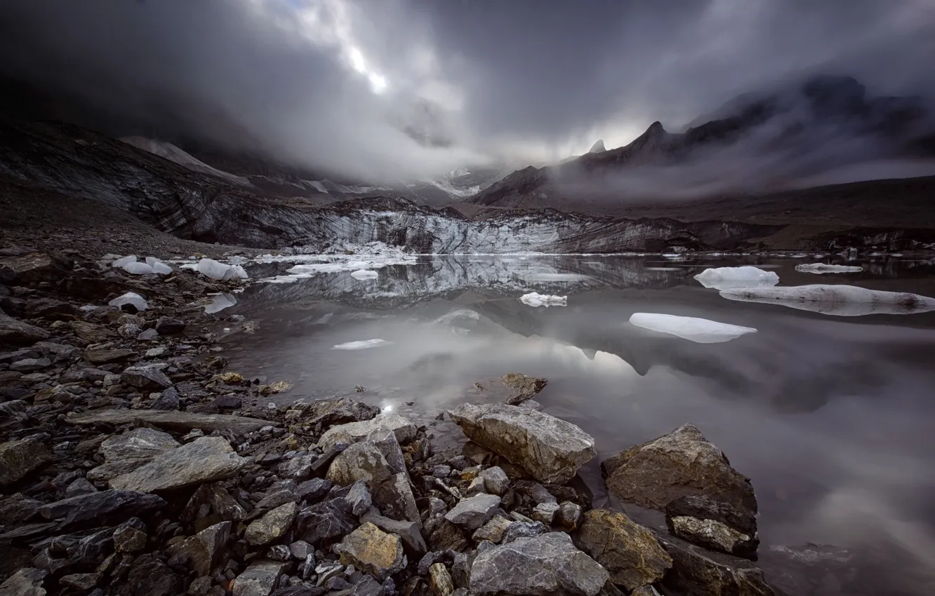 Photo wallpaper ice, snow, mountains, clouds, nature, lake, reflection