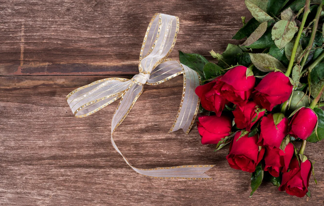 Photo wallpaper flowers, red, roses, bouquet, tape, red, bow, buds