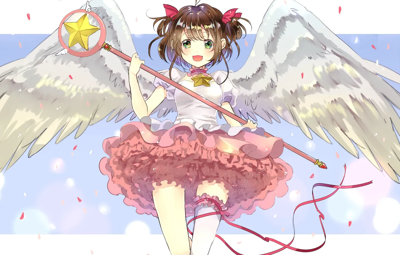 Photo wallpaper smile, wings, angel, girl, rod, Card Captor Sakura, Sakura - collector cards