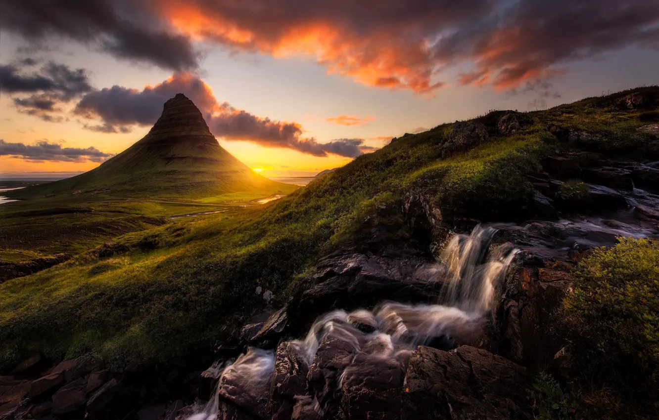 Photo wallpaper sunset, nature, rocks, waterfall, beauty, Iceland, Grundarfjоrоur