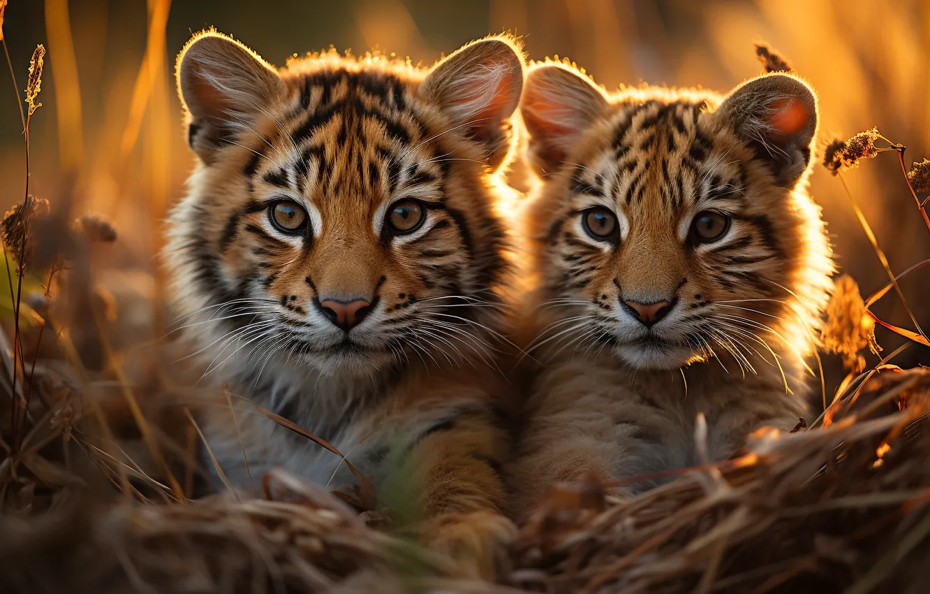 Photo wallpaper look, nature, tiger, portrait, face, a couple, tiger, two cubs