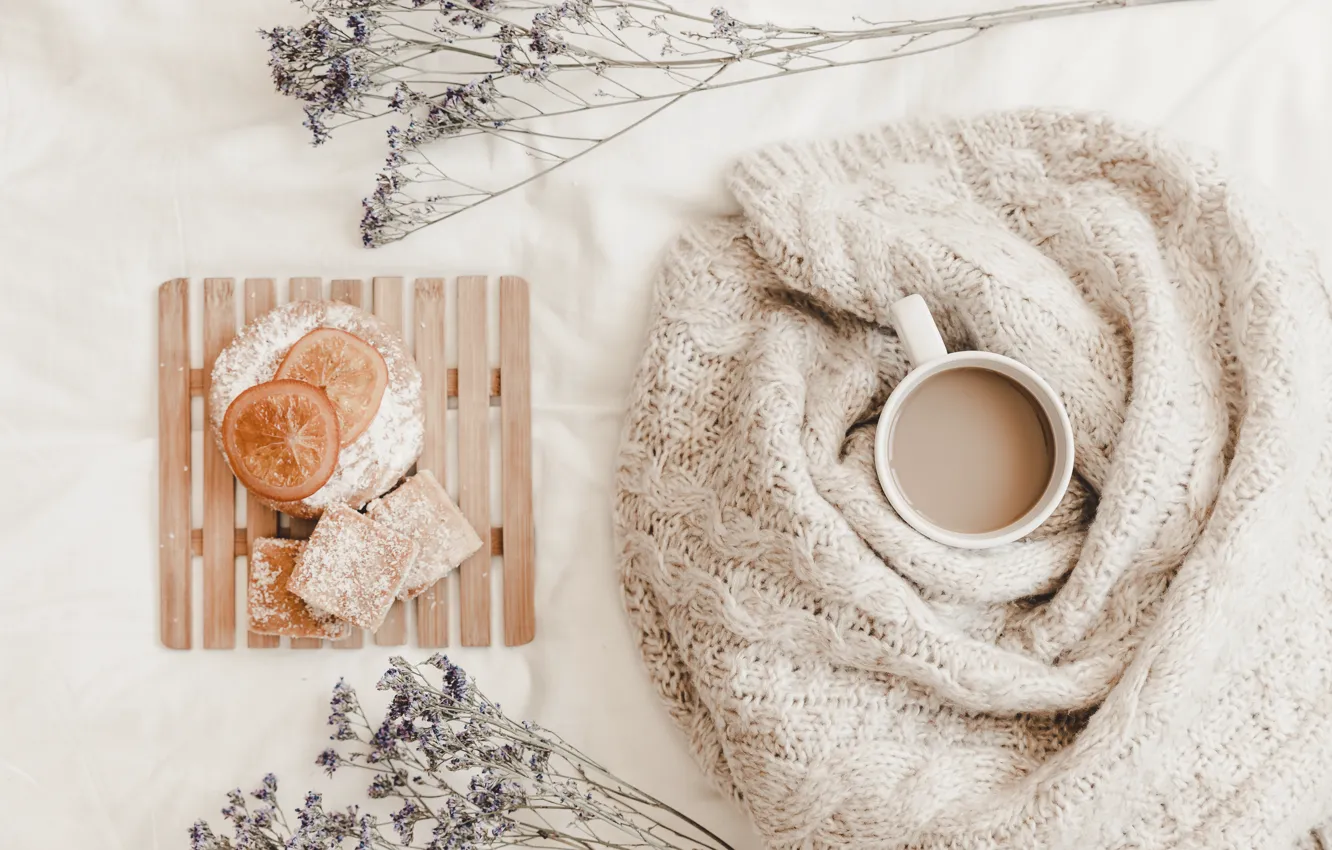 Photo wallpaper flowers, coffee, sandwiches