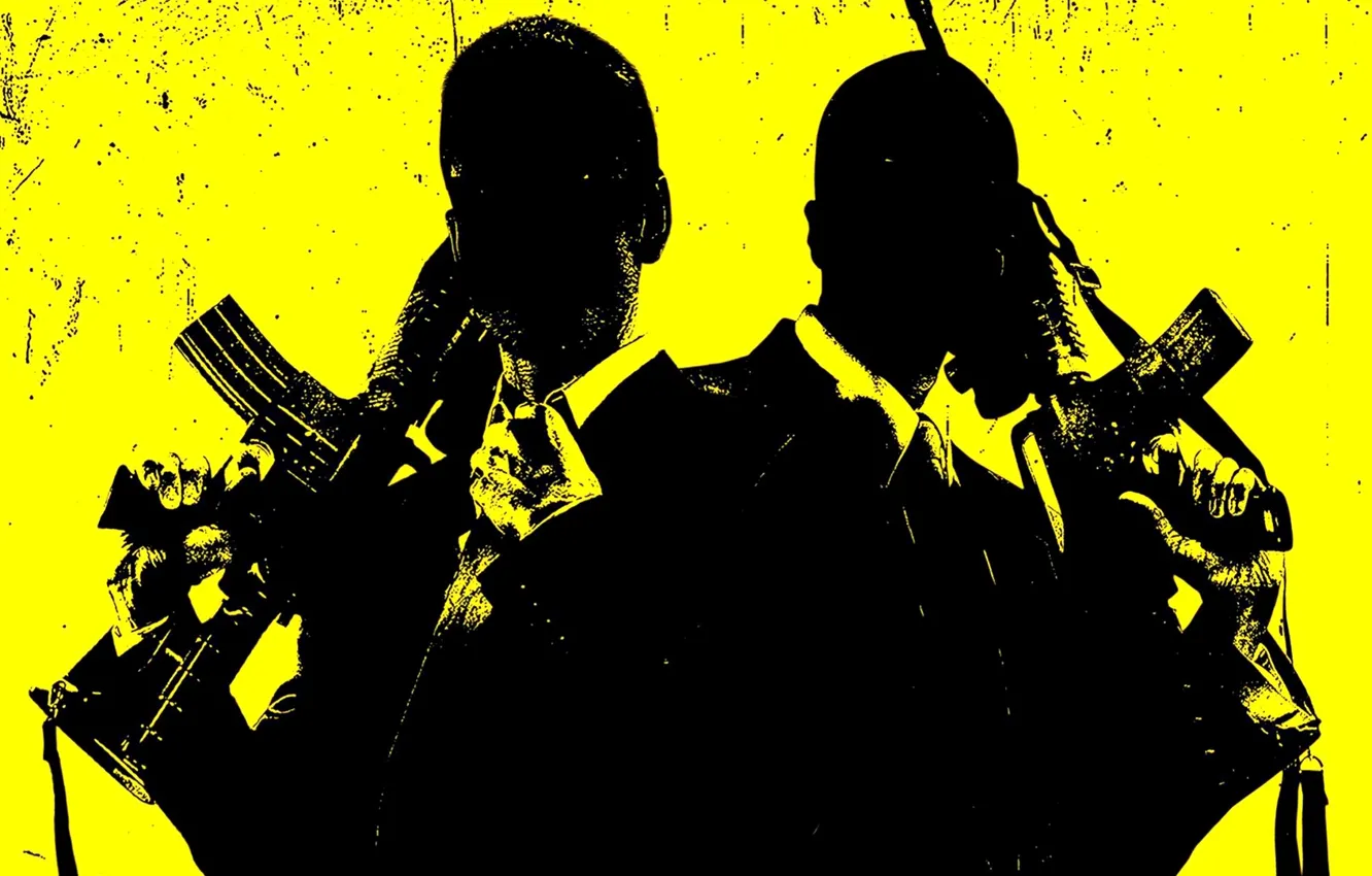 Photo wallpaper weapons, trunks, gun, costume, men, yellow background, killer, machines