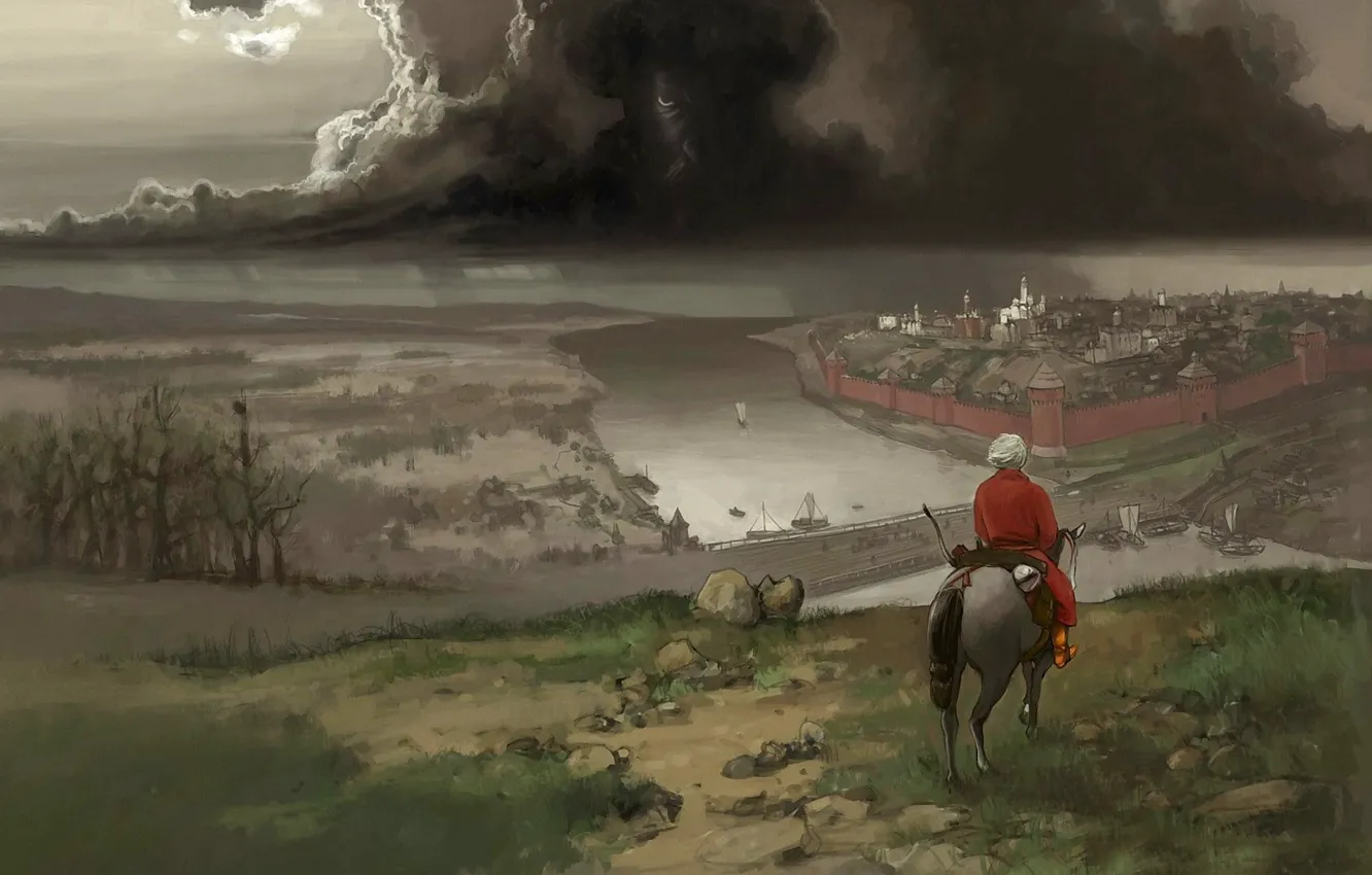 Photo wallpaper clouds, figure, traveler