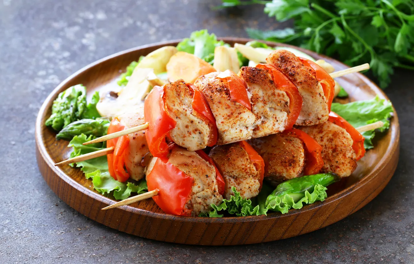 Photo wallpaper greens, Board, meat, pepper, vegetables, kebab