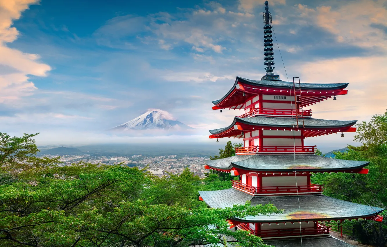 Photo wallpaper summer, house, mountain, Japan, pagoda, architecture, Fuji, June