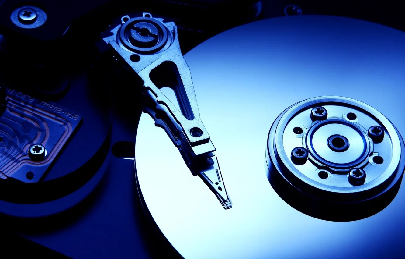 Photo wallpaper HDD, read head, Hard drive, magnetic disks