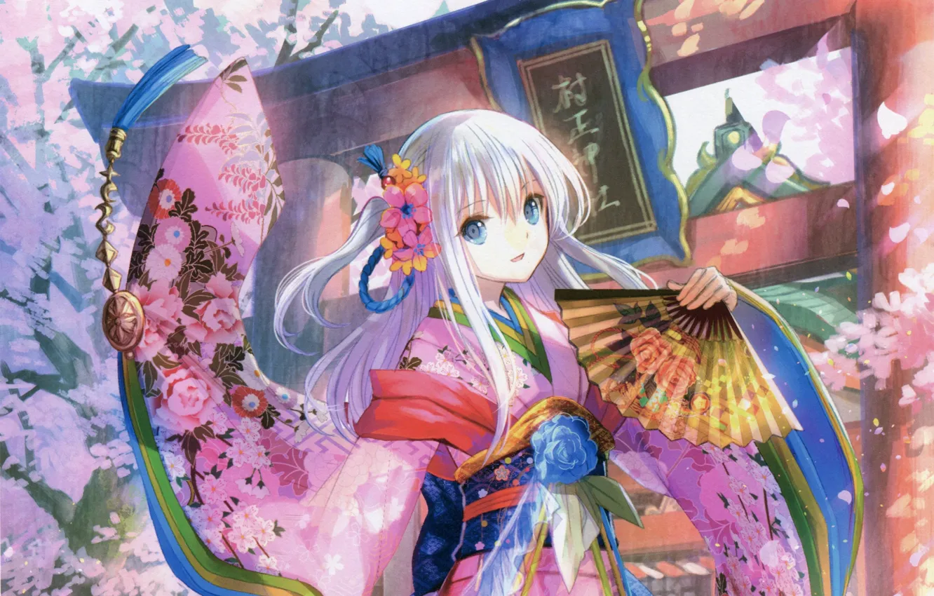 Photo wallpaper dance, Japan, fan, girl, kimono, blue eyes, art, Fujiwara