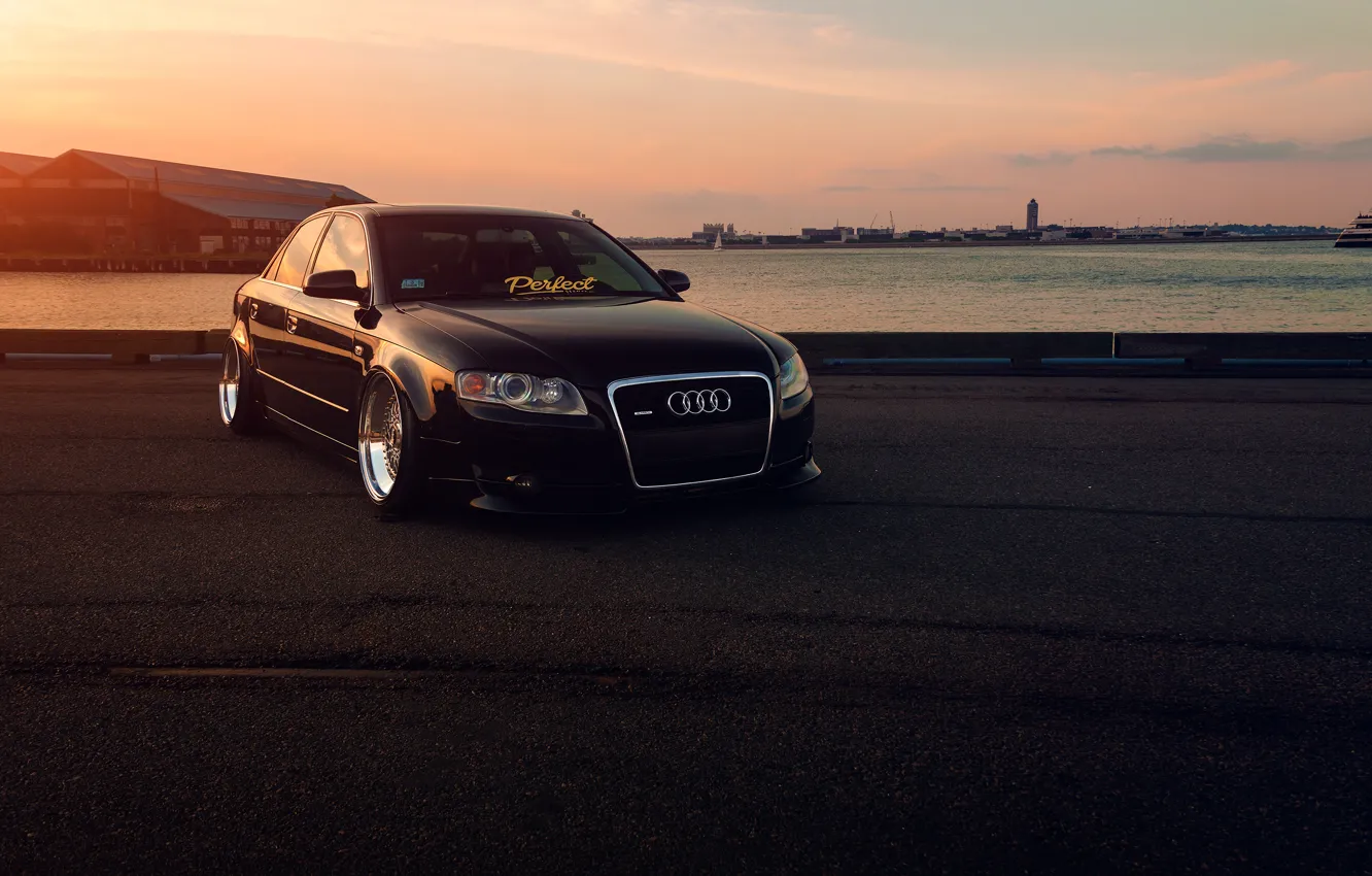 Photo wallpaper Audi, Front, Black, Sunset, Stance, Slammed, Vehicle
