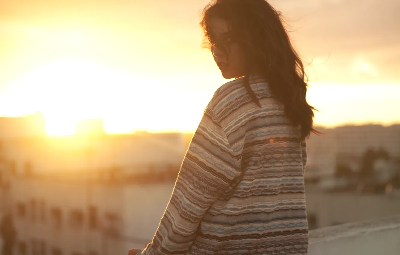 Photo wallpaper the sky, look, sunset, hair, brunette, looks