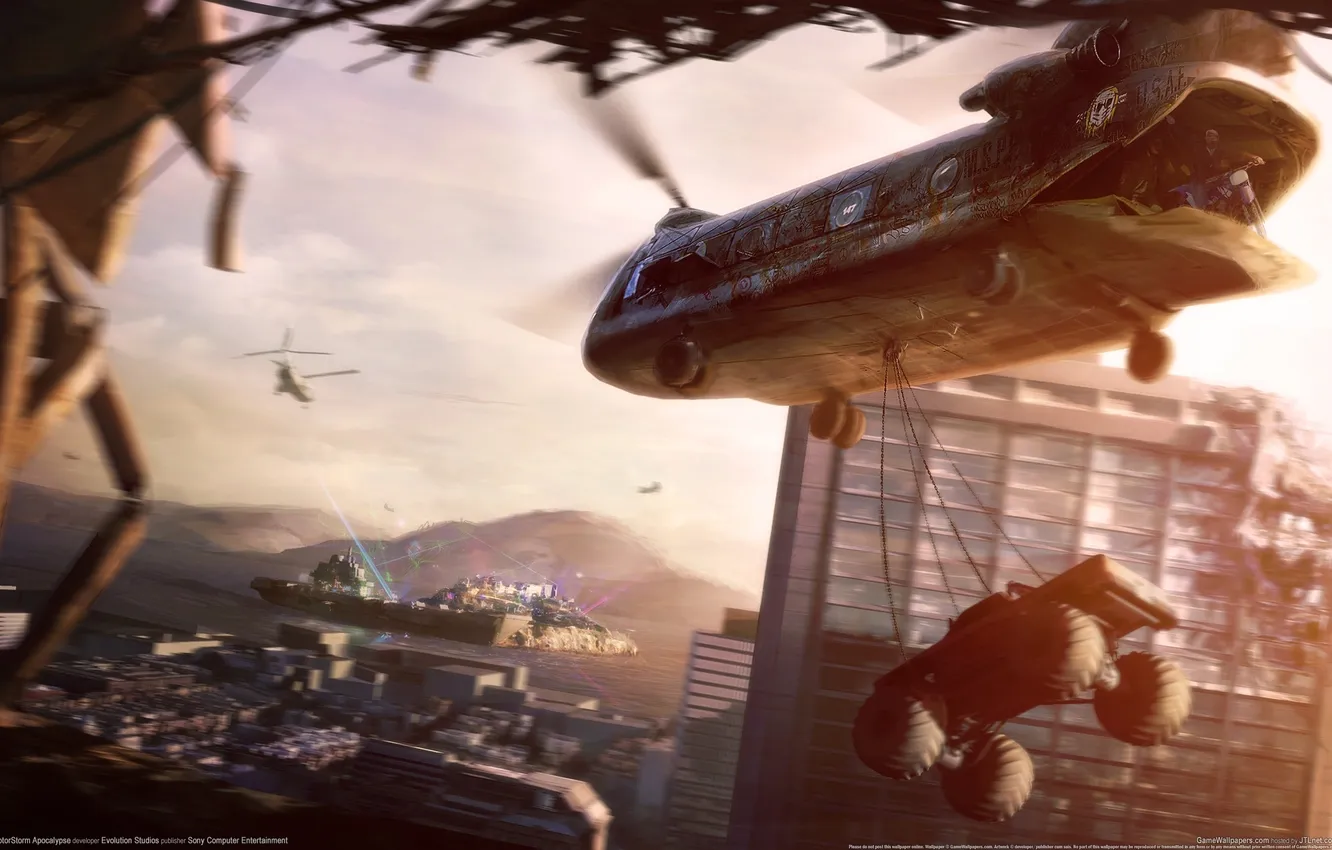 Photo wallpaper the city, monster, helicopter, apocalypse, MotorStorm