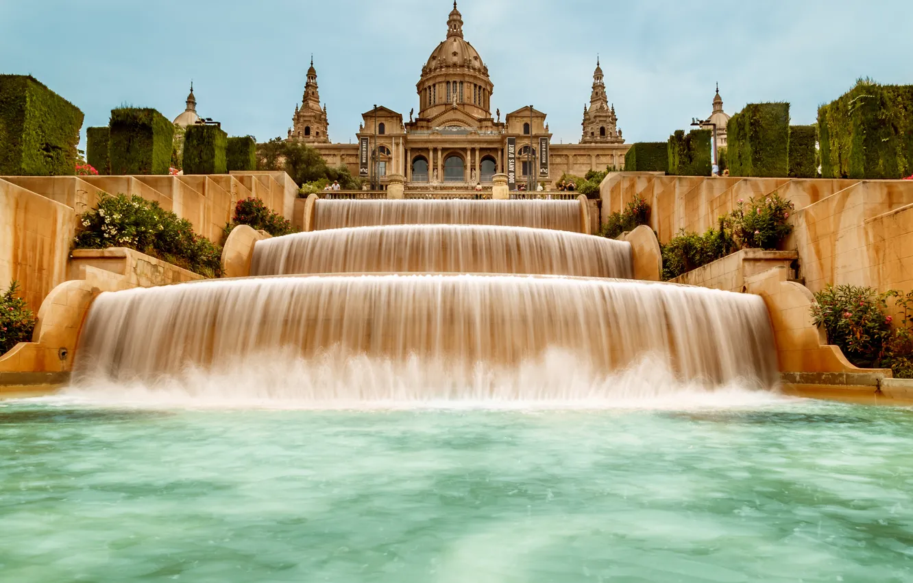 Photo wallpaper the sky, water, Museum, Spain, cascade, Palace, Barcelona