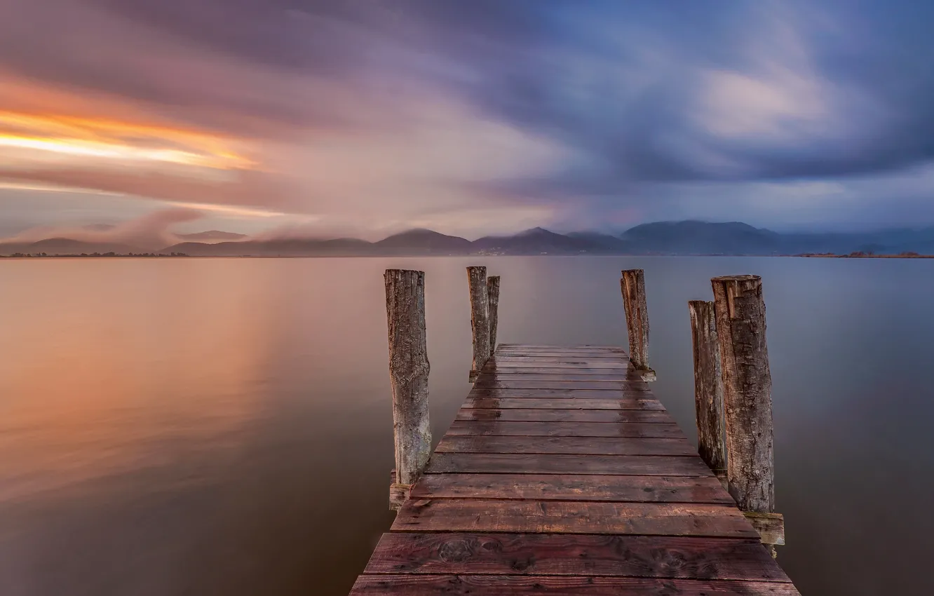 Photo wallpaper the sky, clouds, landscape, mountains, nature, fog, hills, shore