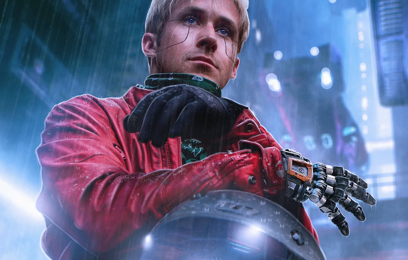 Photo wallpaper Look, Hand, Face, Helmet, Cyborg, Ryan Gosling, Actor, Cyber Gosling