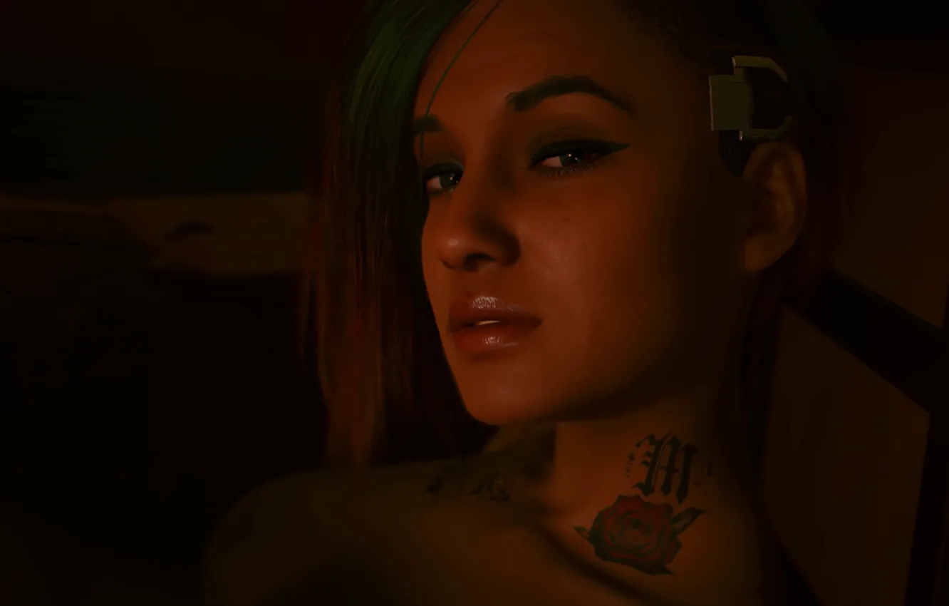 Photo wallpaper girl, face, smile, makeup, tattoo, twilight, cyberpunk, character