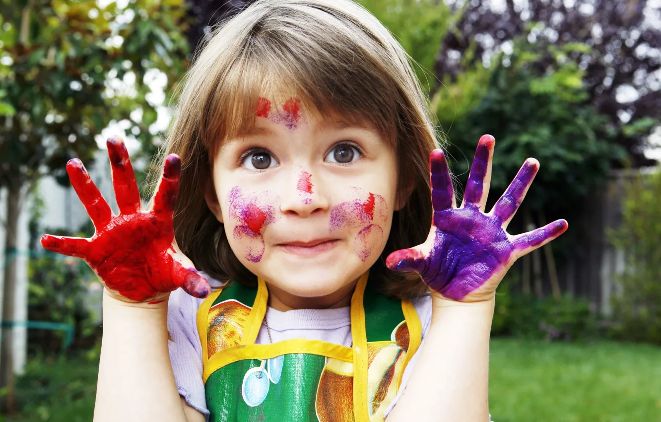 Photo wallpaper paint, girl, different colors, brown eyes, intel graphics