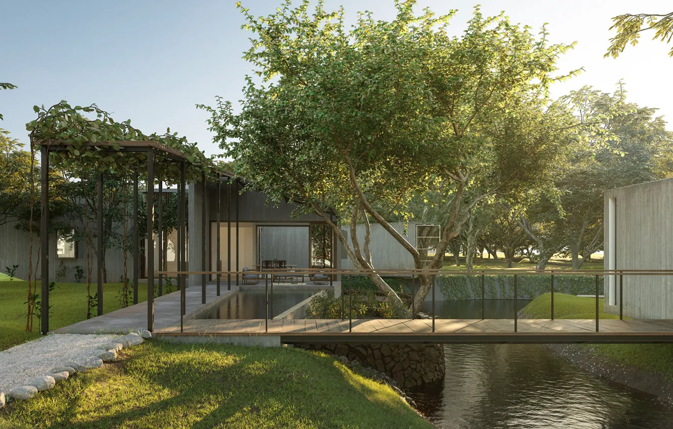 Photo wallpaper pond, garden, yard, the bridge, structure