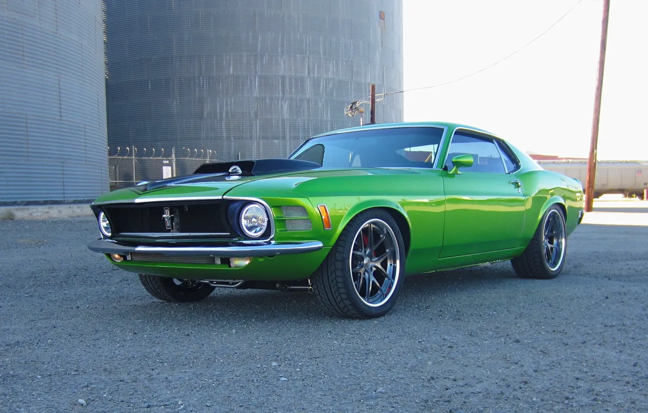 Photo wallpaper Mustang, Ford, Green, 1970, Supercharged, Wheels, Concave, Forgeline