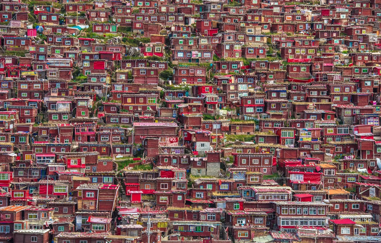 Photo wallpaper the city, China, house, Sichuan province, Kangding Tibetan Autonomous Okrug, Larung Gar