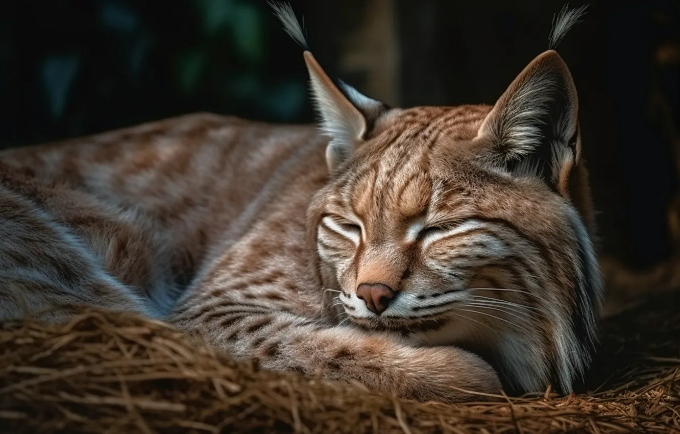 Photo wallpaper lies, straw, lynx, digital art, AI art, The Art of Artificial Intelligence, neural network