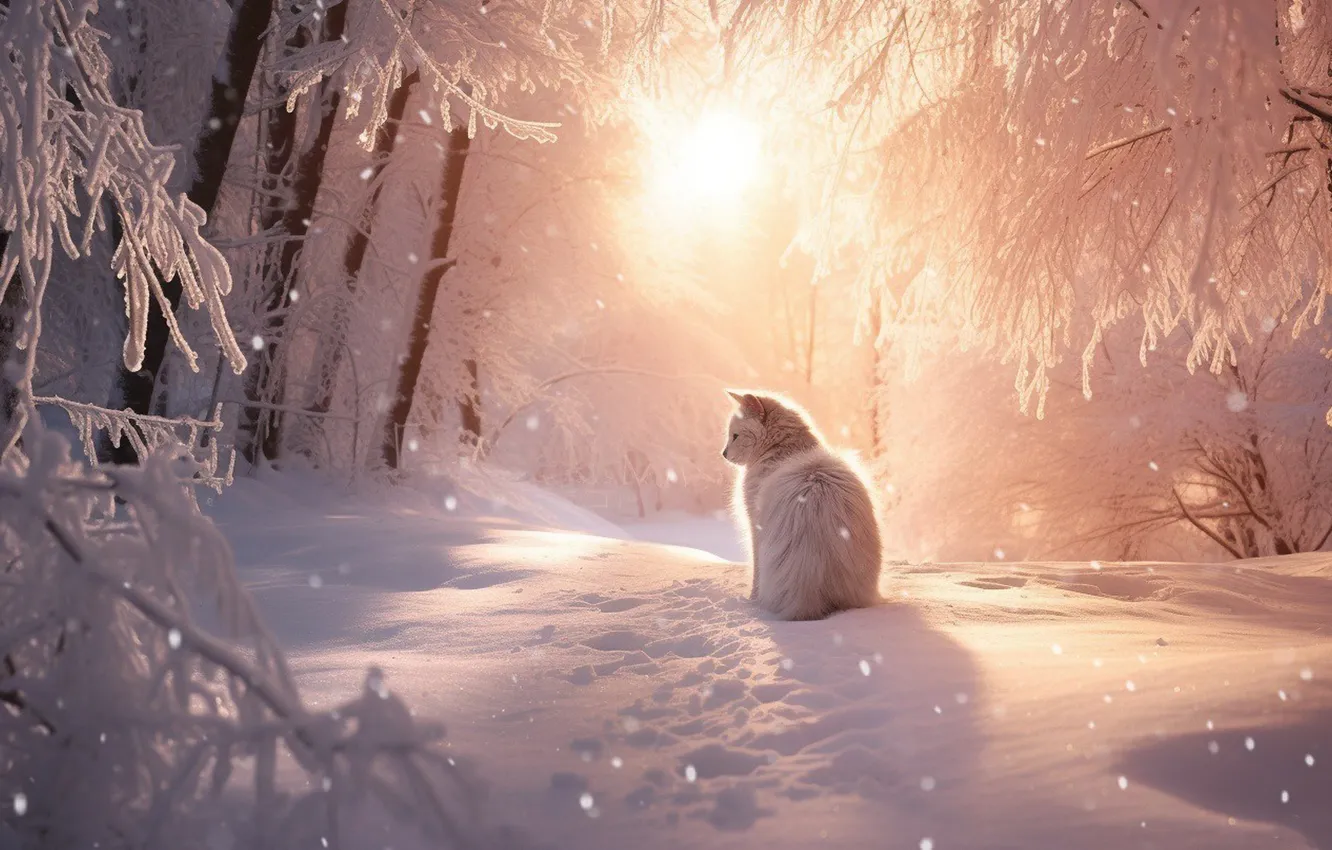 Photo wallpaper winter, frost, forest, cat, white, cat, the sun, light