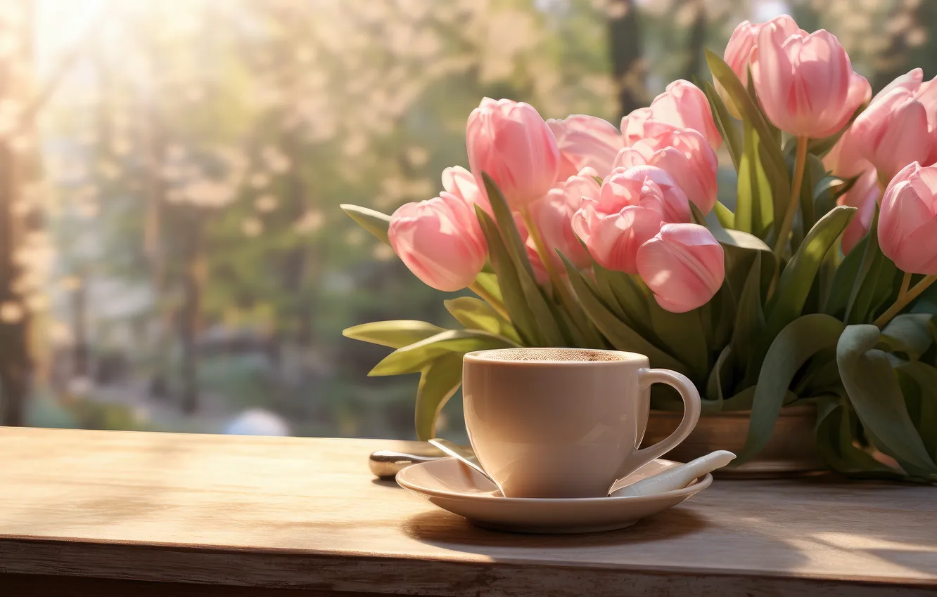 Photo wallpaper light, flowers, tea, bouquet, spring, window, mug, Cup