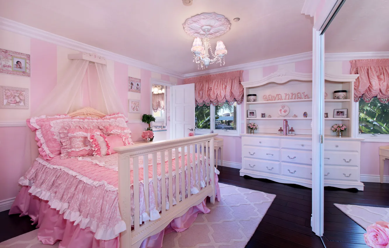 Photo wallpaper room, bed, interior, mirror, pink, chandelier, mansion