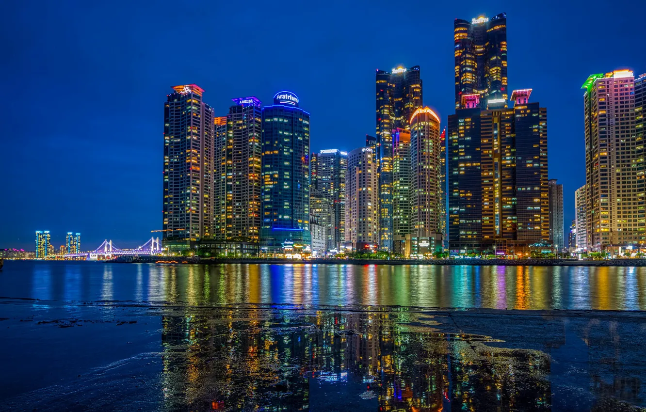 Photo wallpaper building, home, skyscrapers, night city, South Korea, South Korea, Busan, The Republic Of Korea