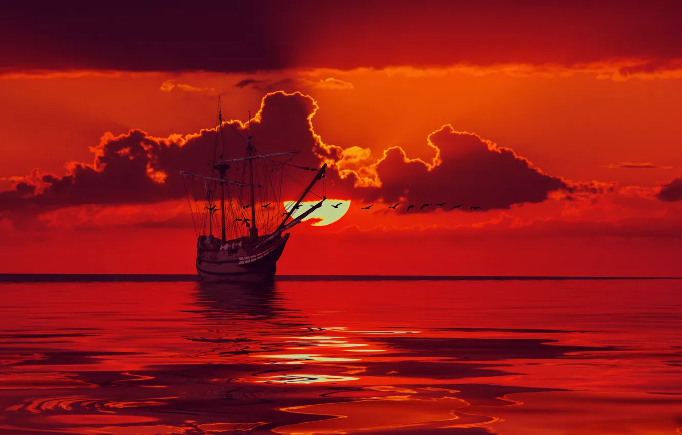 Photo wallpaper sea, the sky, sunset, surface, bird, ship