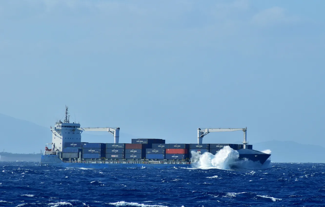 Photo wallpaper sea, storm, a container ship