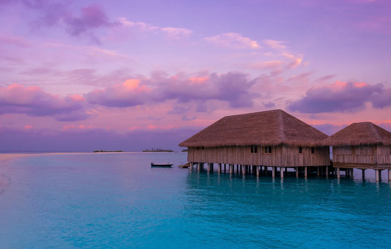Photo wallpaper sea, beach, the sky, clouds, blue, stay, shore, boat