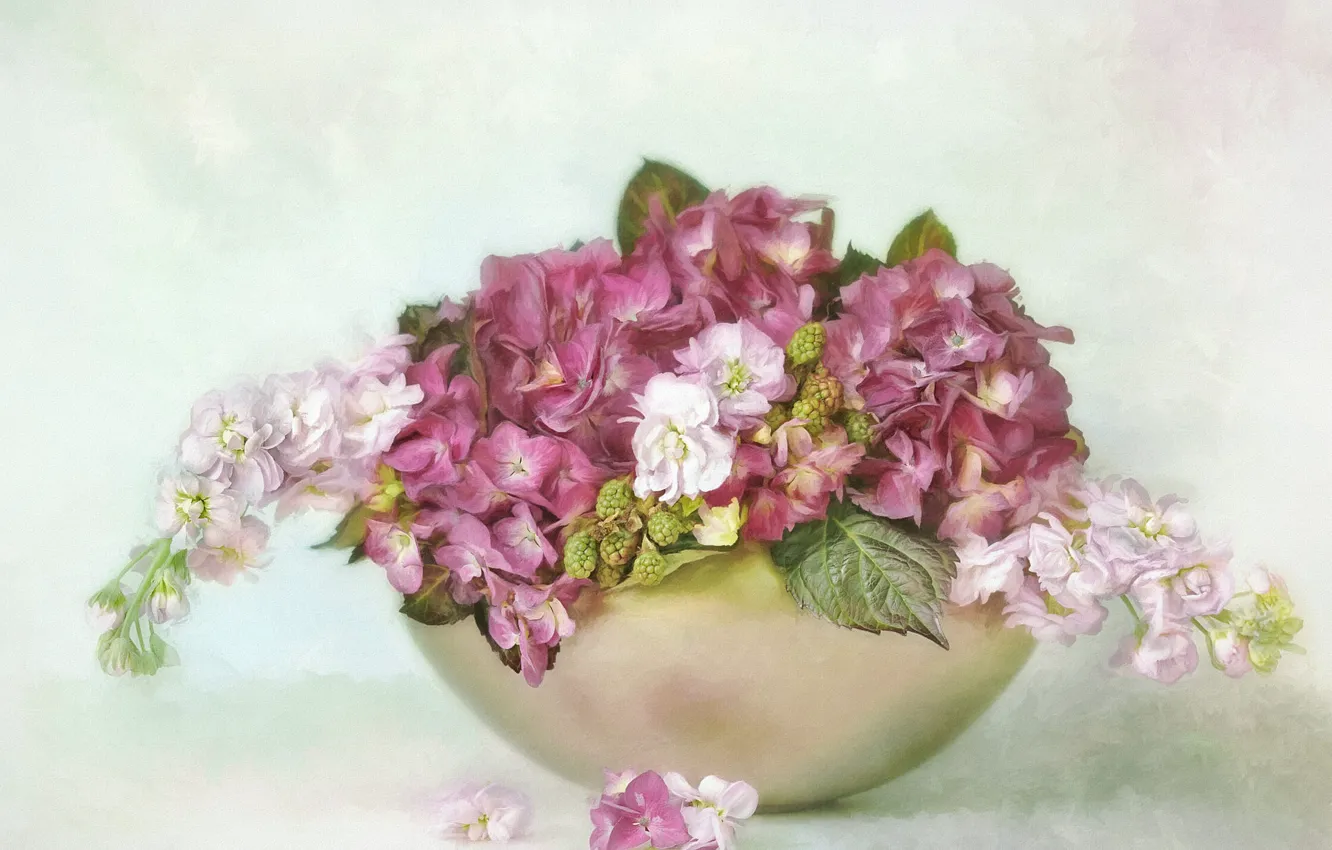 Photo wallpaper leaves, flowers, bouquet, bowl, petals, art, pink, white