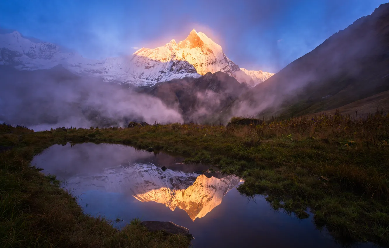 Photo wallpaper water, light, mountains, nature, lake, reflection, mountain, top