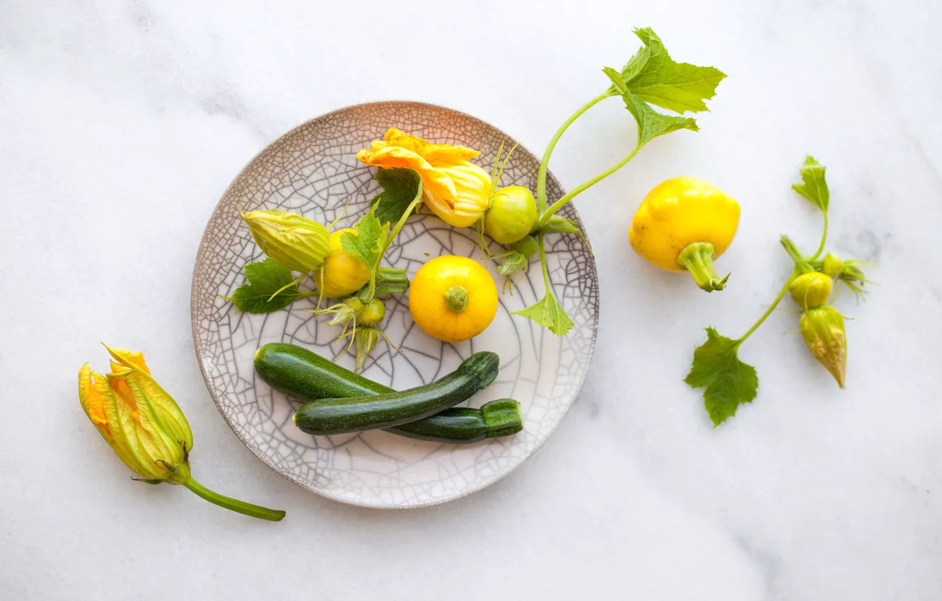 Photo wallpaper leaves, flowers, background, plate, pumpkin, ZUCCHINI