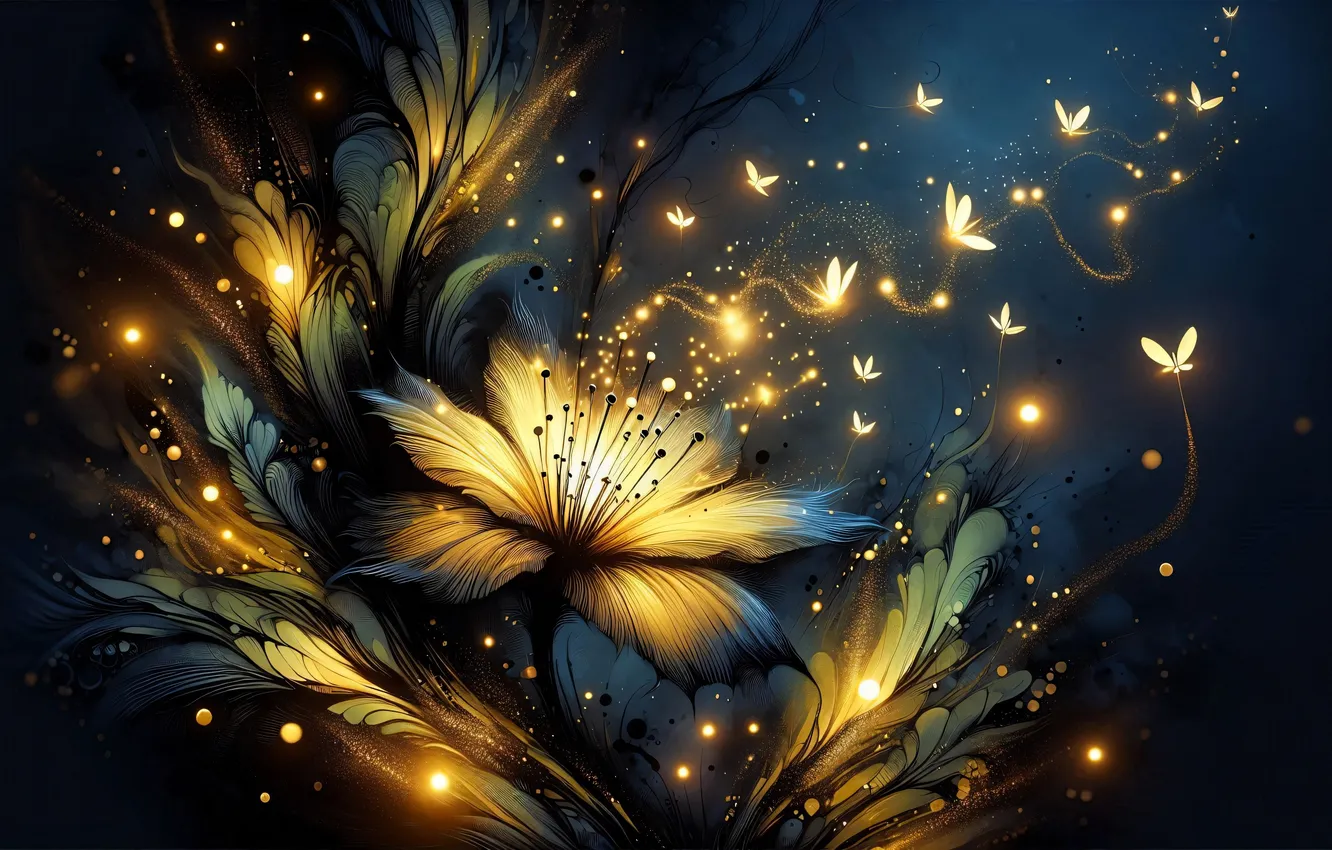 Photo wallpaper flowers, lights, butterfly