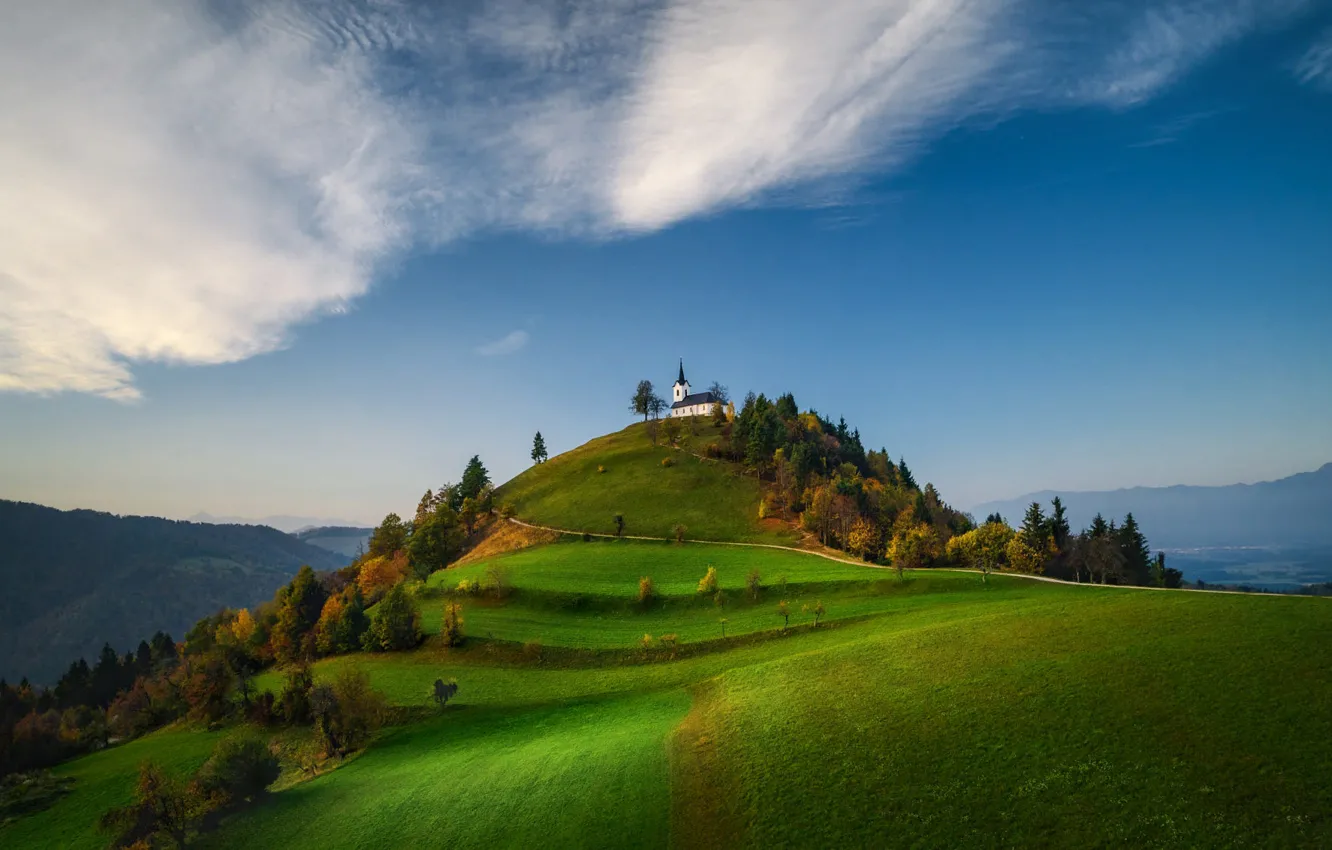 Photo wallpaper clouds, trees, landscape, mountains, nature, hill, Church, Slovenia