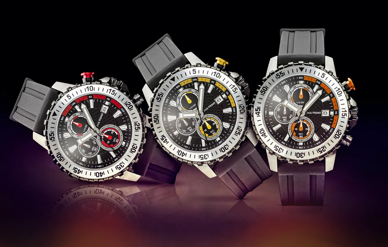 Photo wallpaper red, yellow, orange, three, watches, Jack Pierre