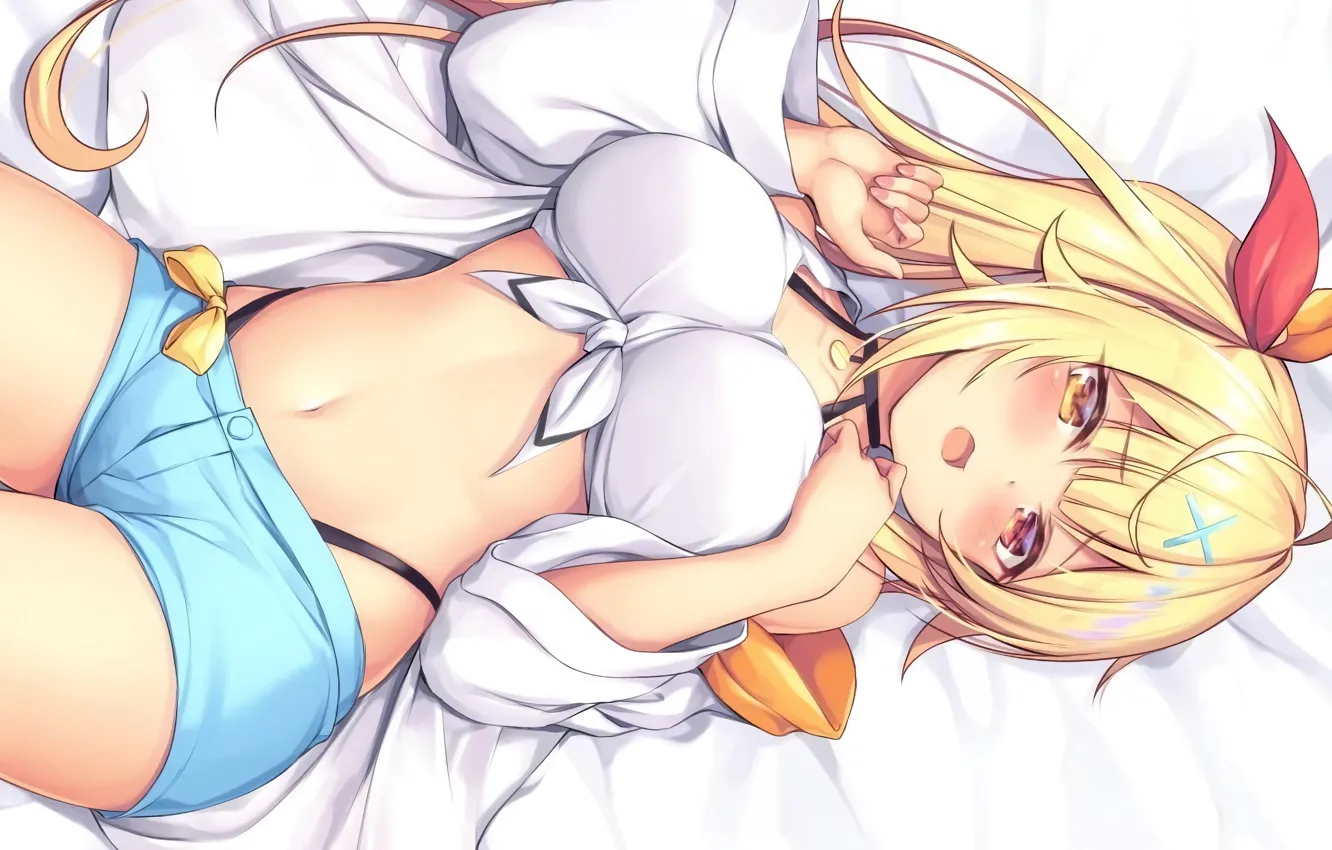 Photo wallpaper girl, sexy, shorts, blouse, long hair, boobs, anime, beautiful