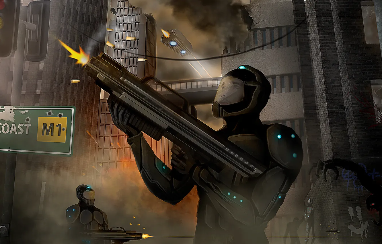 Photo wallpaper the city, weapons, monster, art, soldiers, Ryan Jones