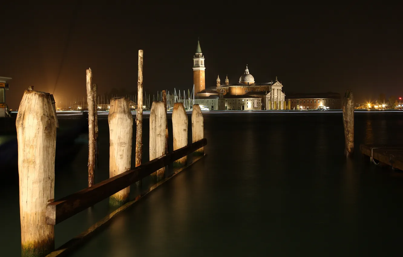 Photo wallpaper night, lights, river, Italy, Church, Venice, Cathedral, Cathedral Of San Giorgio Maggiore