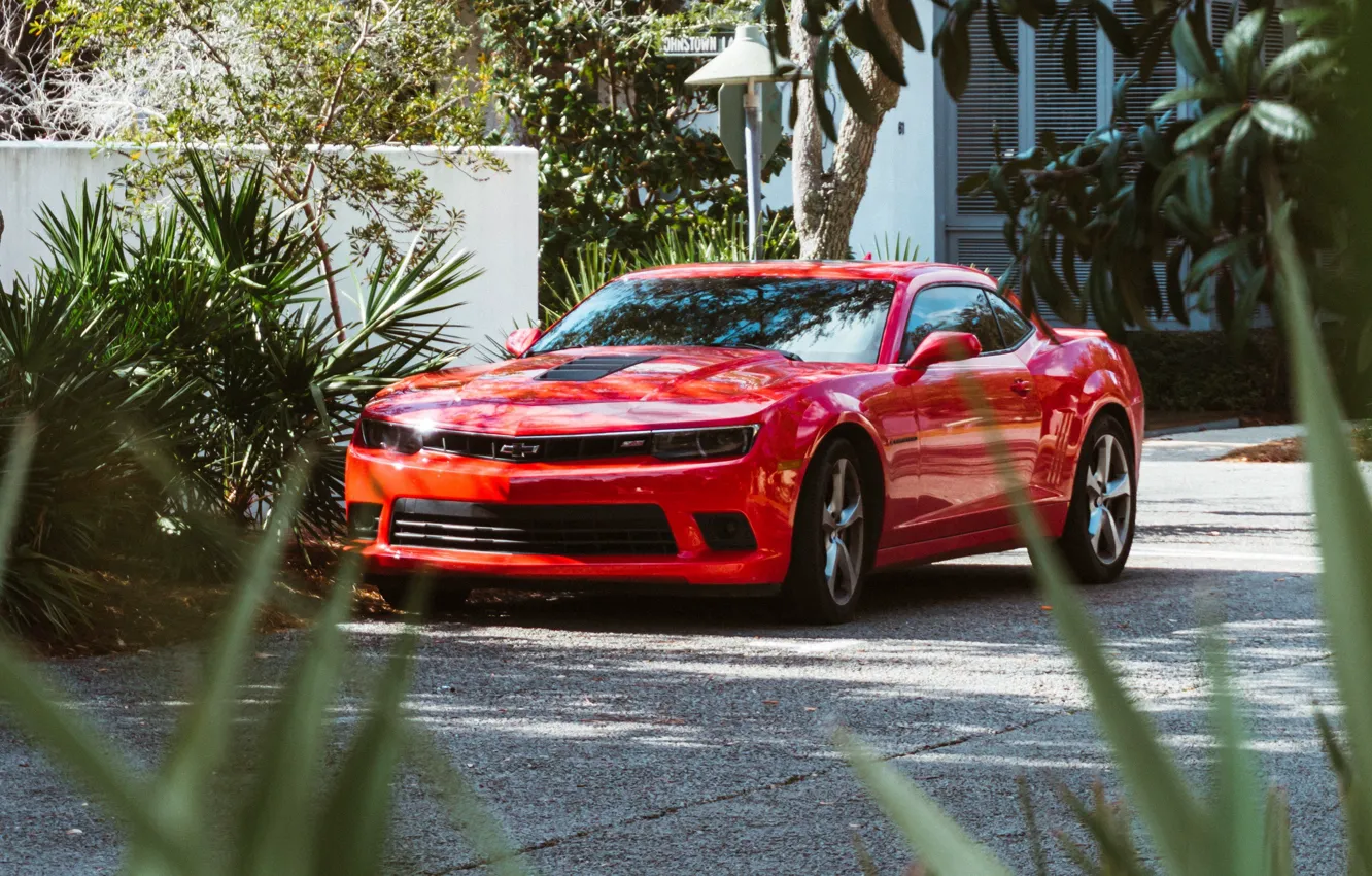 Photo wallpaper machine, red, street, supercar, sports car, chevrolet, chevrolet camaro