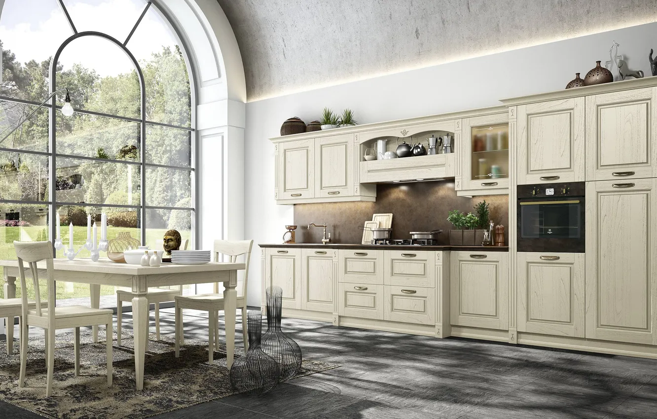Photo wallpaper style, Villa, interior, Italy, kitchen, dining room, dining area, Italian design