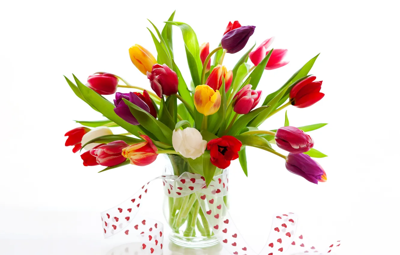 Photo wallpaper flowers, bouquet, hearts, tulips, white background, vase, colorful, Valentine's day