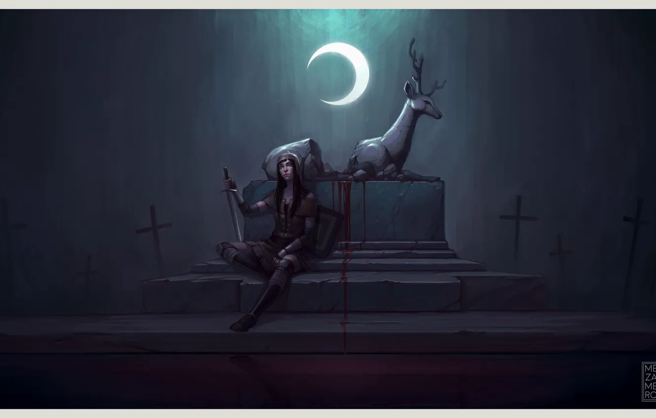 Photo wallpaper girl, the moon, sword, deer, art, the altar, sacrifice
