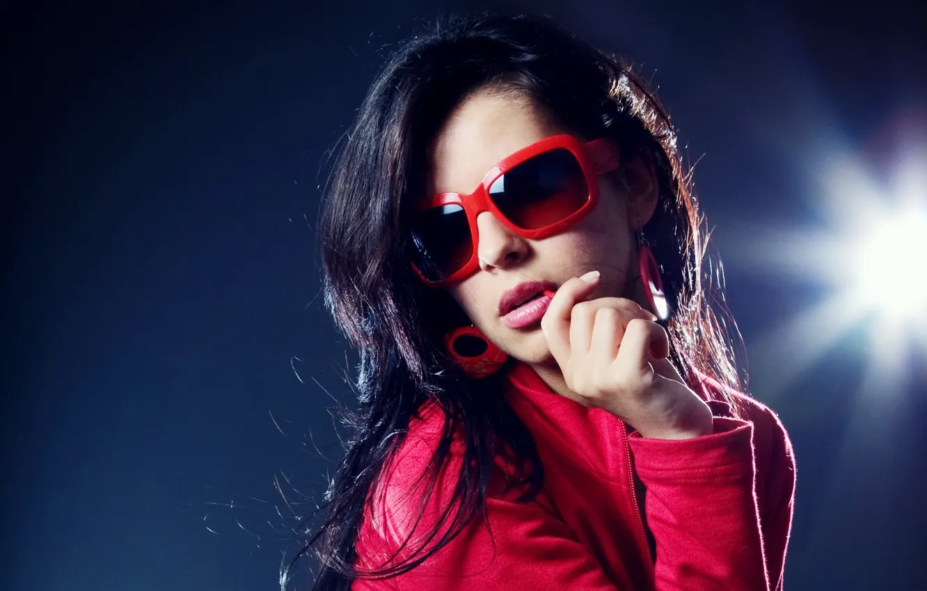 Photo wallpaper girl, brunette, glasses, lips, red earrings, red rim, red jacket