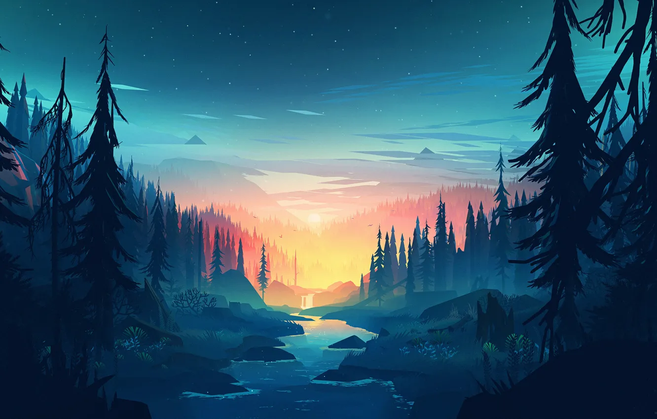 Photo wallpaper forest, the sun, landscape, sunset, mountains, river, hills, the game