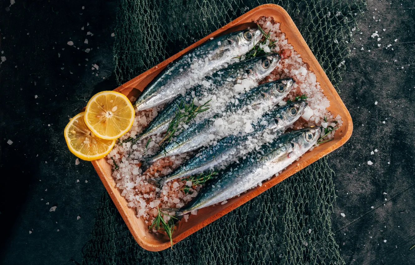 Photo wallpaper lemon, fish, fish, sardines, Low-calorie high-protein food, Sardines, Low-calorie high-protein food