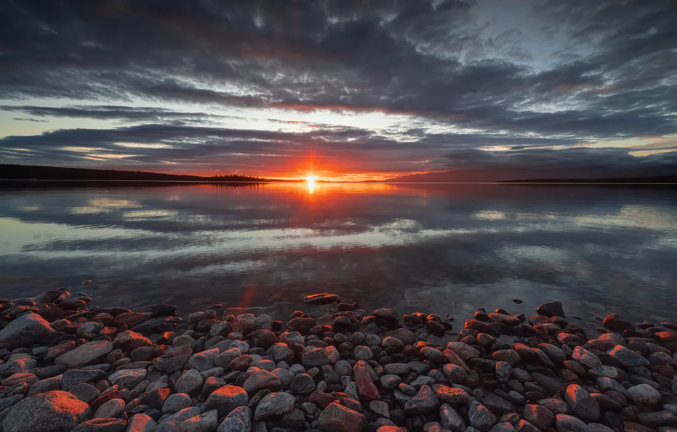 Photo wallpaper sunset, pebbles, lake, the evening, the reflection in the water, the beauty of nature, Istomin …